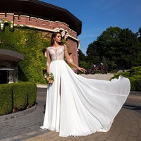 ranmo boho chiffon wedding dress scoop delicate applique 34 sleeves bridal dress sweepbrush train slit illusion wedding gown
