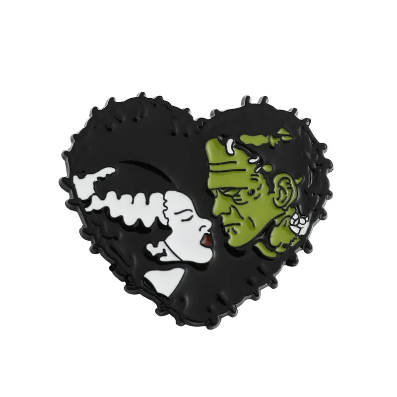 Bride & Frankenstein Enamel Pin Webbed Heart Shape Brooches Horror Movie Loving Jacket Badge Halloween Gothic Jewelry Gift