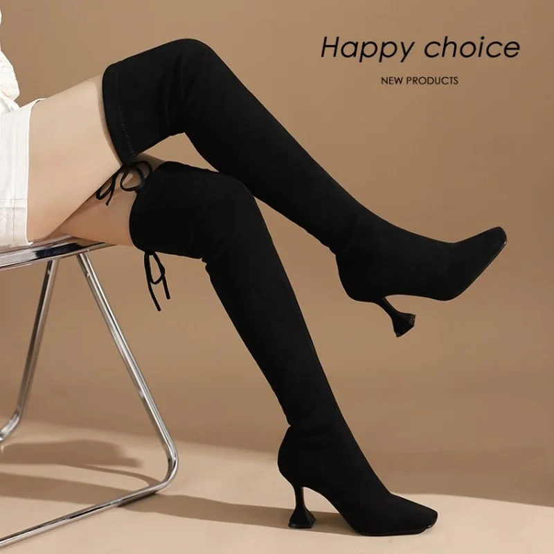 Jual Gelas Anggur Wanita Dengan Sepatu Bot Tinggi Di Atas Lutut Berenda Musim Dingin Warna Polos Sepatu Bot Fashion Ujung Persegi Jahitan Hak Menengah Wanita