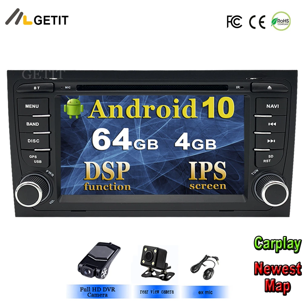 DSP Android 10 автомобильный стерео DVD мультимедийный плеер для Audi A4 S4 RS4 2002-2007 с WiFi BT gps навигацией Радио 7 ''ips экран