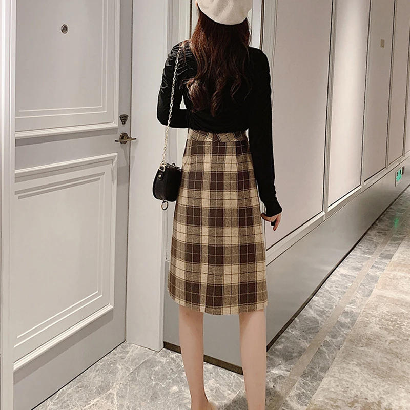 

Autumn Winter Women Skirts 2020 New Vintage Elegant Slim Fit Plaid Skirts Casual High Waist Knee Length Skirt Women