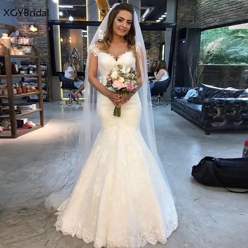 

New Off The Shoulder Elegant Mermaid Wedding Dresses V Neck Cap Sleeves Wedding Bridal Gowns Lace Appliques Robe De Mariee