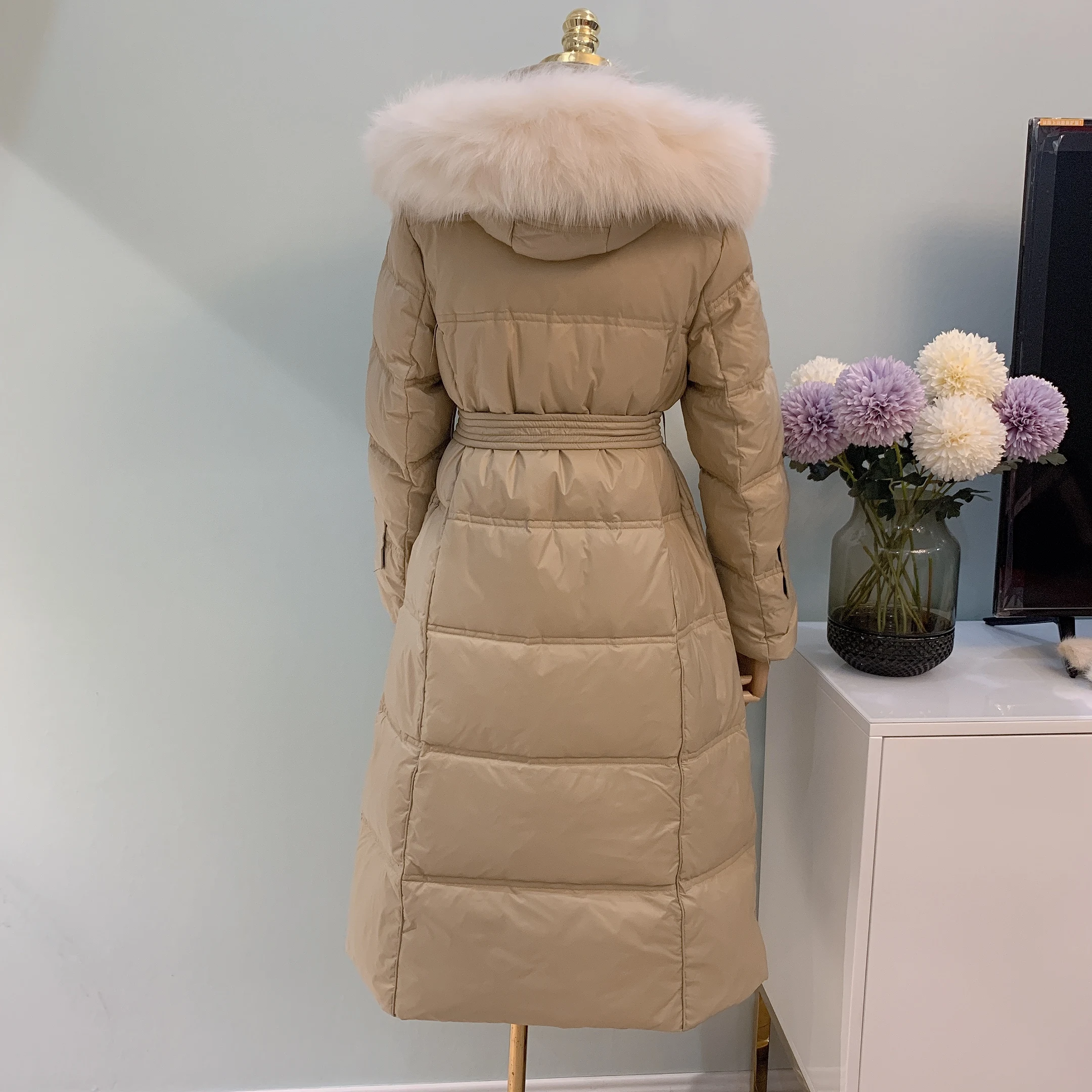 Женский пуховик с капюшоном Длинная ветровка цвета хаки и синего/черного из