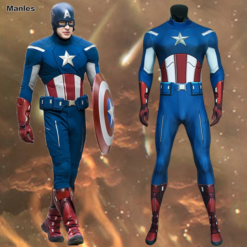 Костюм Капитана Америки Marvel, Мстители, косплей, Стива Роджерса, для взрослых, синий, красный, на Хэллоуин, карнавальный комбинезон, 3D, Zentai, мужской