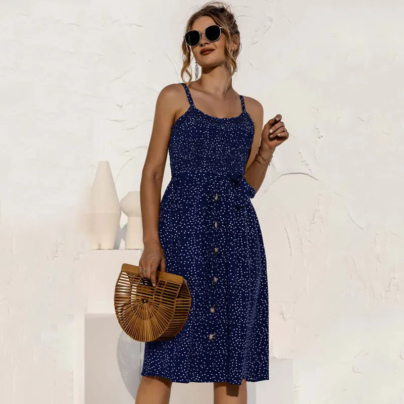 

2021 Summer Spaghetti Strap Floral Dress Women Sundress Polka Dot Bohemian Dress Ladies Elegant Midi Boho Party Vestidos Female