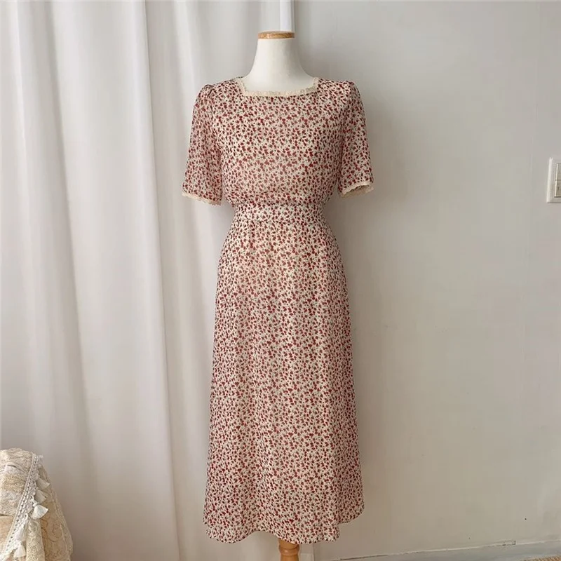 

Korean Chic Square Collar Short Sleeve Floral Woman Dress Simple Retro Sweet Fresh Vestidos Mujer Summer 2021 Elegant Robe Femme