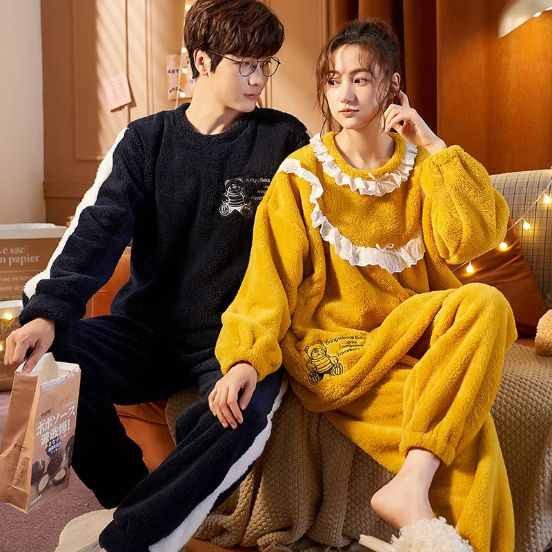 

Flannel Lovers Homedress Pajamas Fashion Women's Long Sleeved Trousers Nightdress Men's Sleepwear Couples Winter Home Clothing