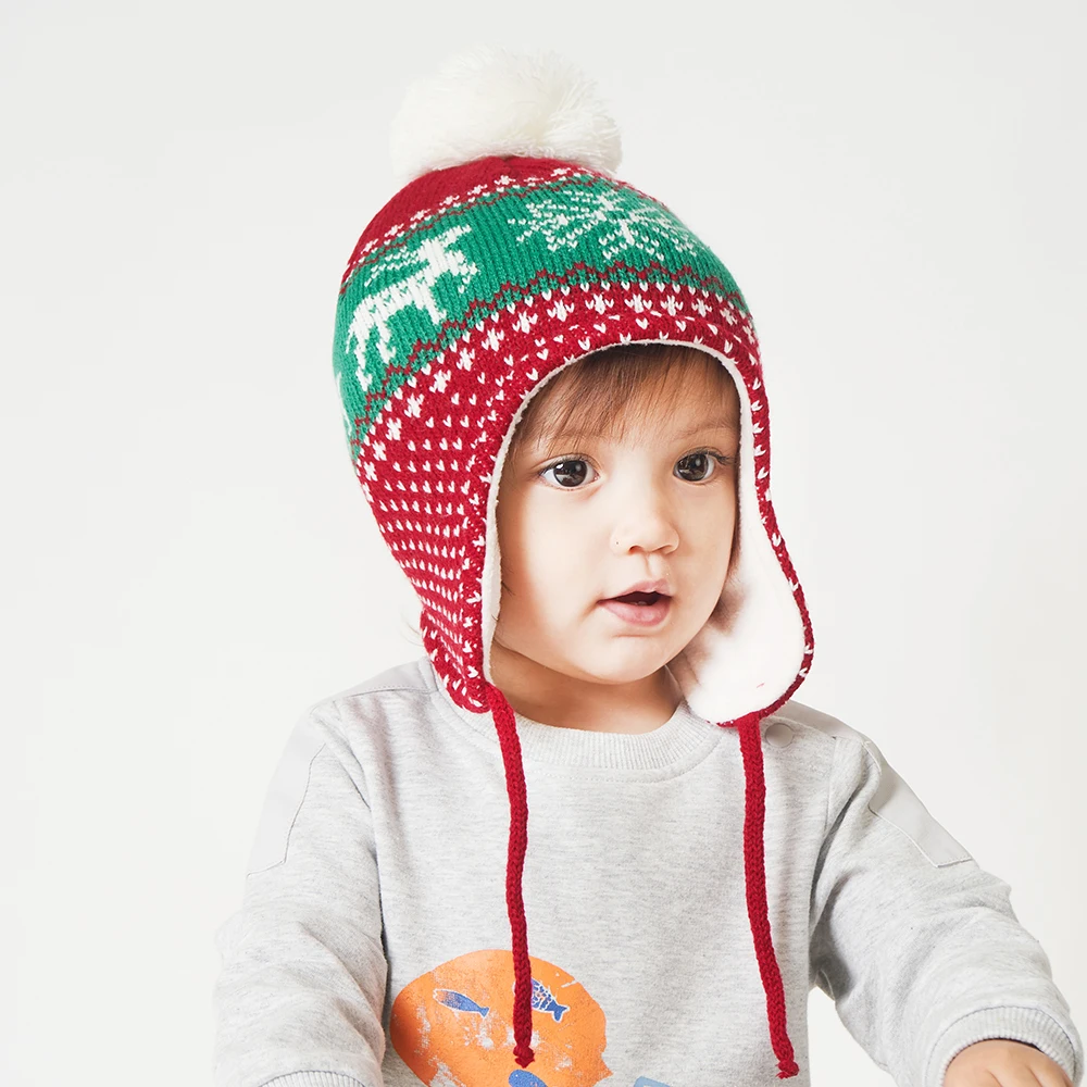 Рождественская Детская зимняя шапка с помпоном хлопковая вязаная детская