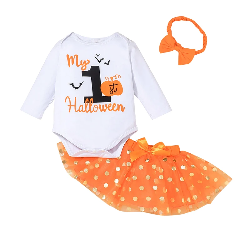 

Pudcoco 0-18M 3Pcs Halloween Day Festival Costumes Long Sleeve Letter Pumpkin Cartoon Print Bodysuit Tops+Dot Skirt+Headwear Set