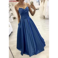 royal blue pleat evening dresses 2022 long satin floor length spaghetti strap sleeveless prom formal party gown custom made