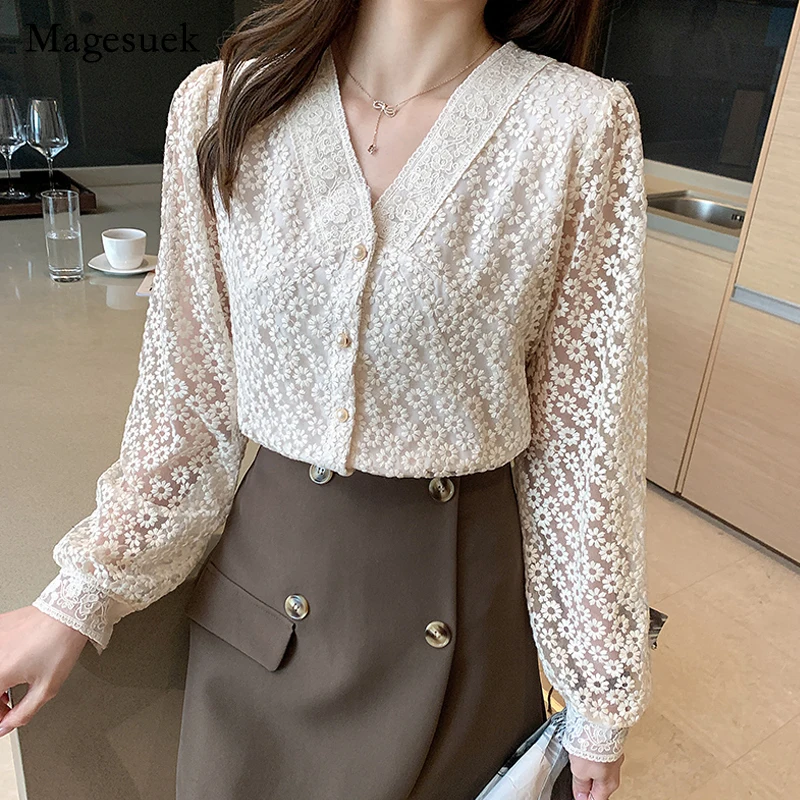 

Plus Size Lace Embroidered Mesh Blouse 2021 Spring Korean V-Neck Women Tops Elegant Long Sleeve Lace Floral Buttons Shirt 13967