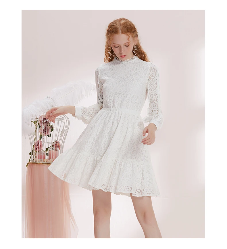 

1pcs/lot princess style woman sweet high waist lace dress female white long lace long lantern sleeve stand collar dress (good)