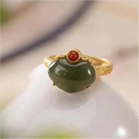 

Natural Gray Jade Peach S925 Sterling Silver Ring Hetian Jade Ruyi Ring Female Fashion Gilding Craft South Red Gold Ring