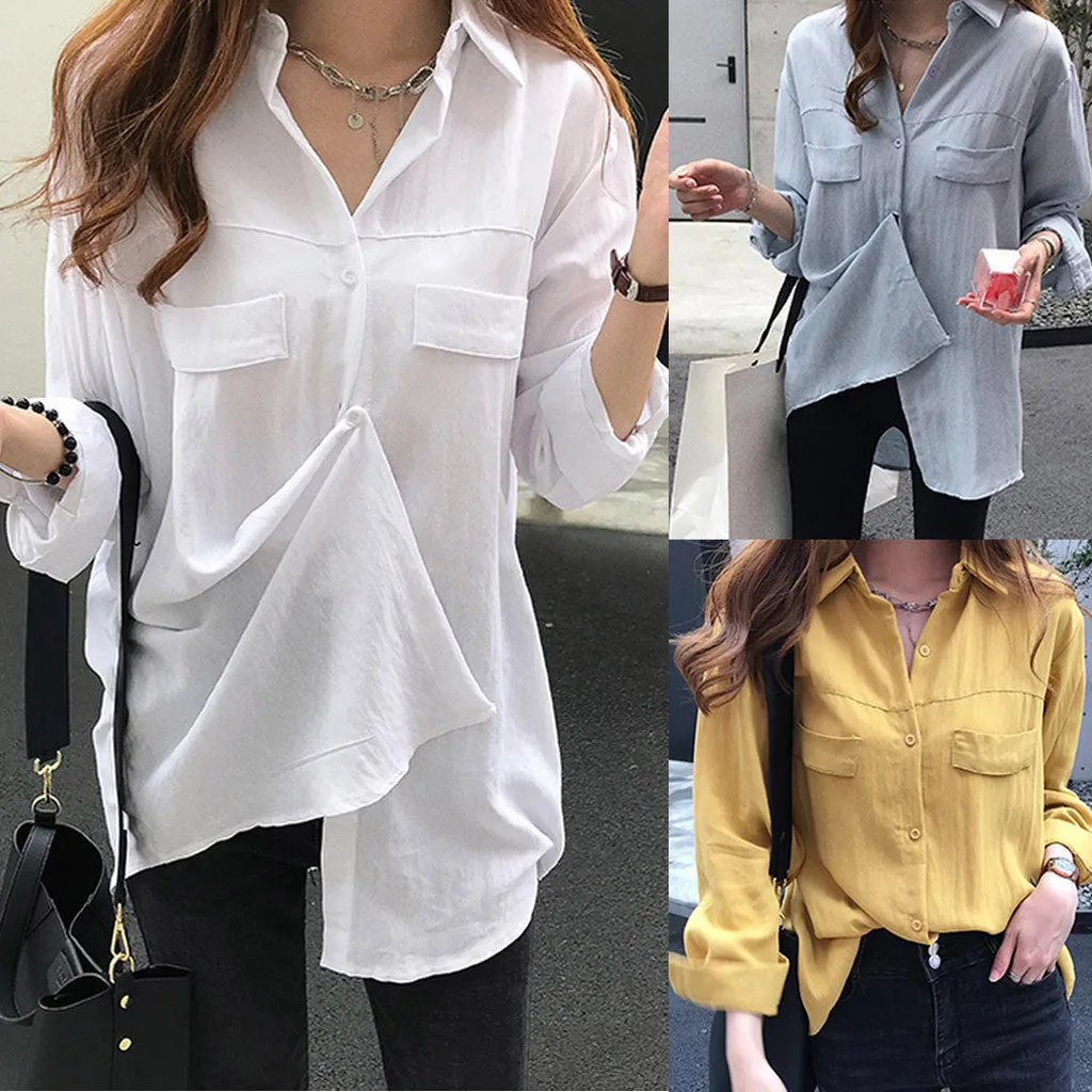 2020 хит блузки женские модные длинный рукав одноцветные отложной воротник