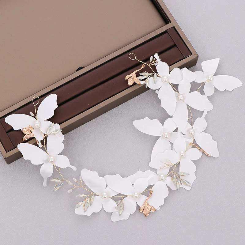 Обруч для волос с белыми повязки на голову бабочками и золотыми жемчужинами