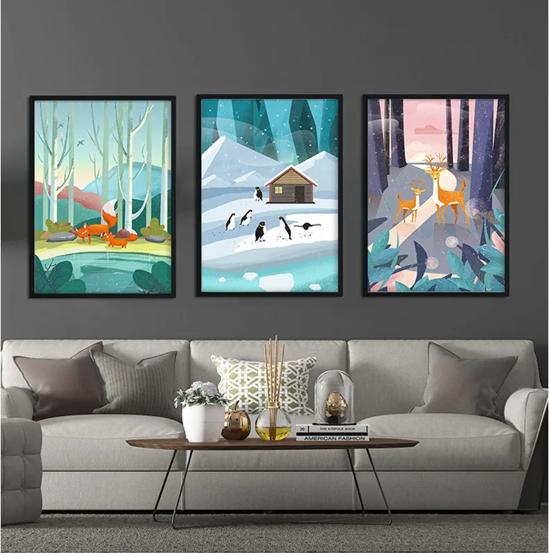 Cute Cartoon Animal Scene Decorative Painting Children's Room Living Bedroom Mural Lion Fox Nursery Baby Decor | Дом и сад