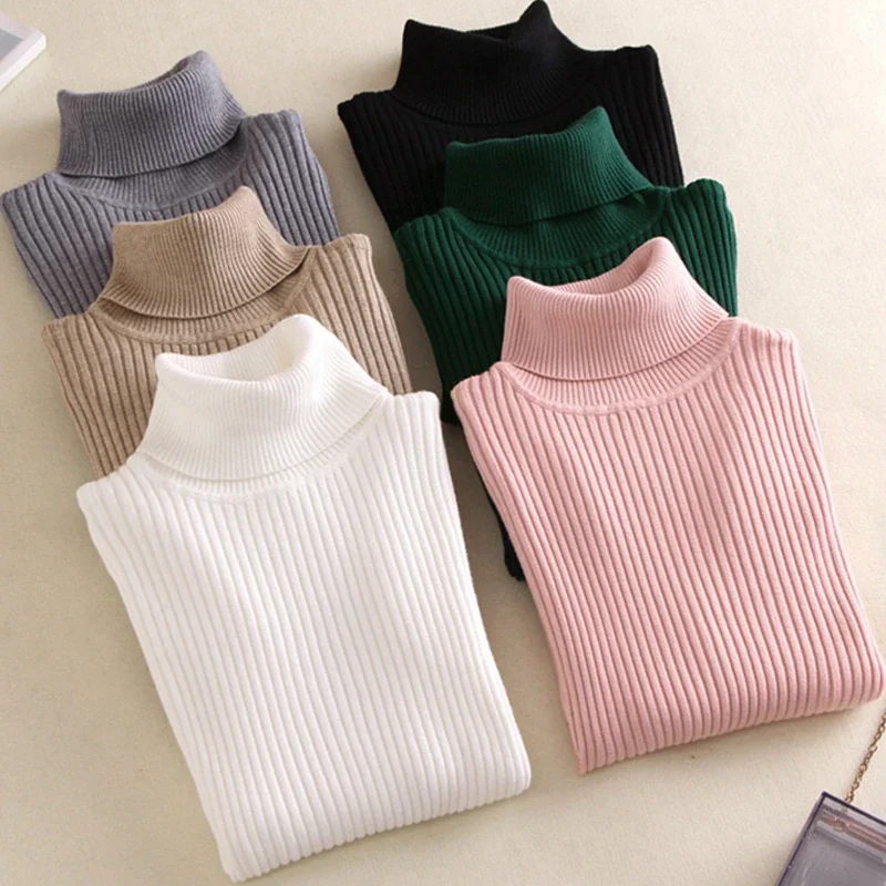 

Pullover 2021 Autumn Winter Women Knitted Foldover Turtleneck Sweater Casual Rib Jumper Throat Female Pull Clothing Coat