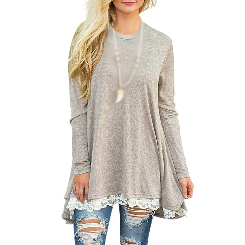 

Женские кружевные топы, рубашки, однотонные свободные пуловеры с длинным рукавом, женские повседневные рубашки с длинным рукавом, осень