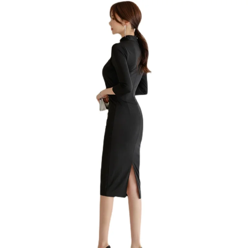

New Korean Fashion Women's Dress Slim Half High Collar Long Sleeve Buttocks Dress Autumn Elegant Solid Black Midi Party Dresses