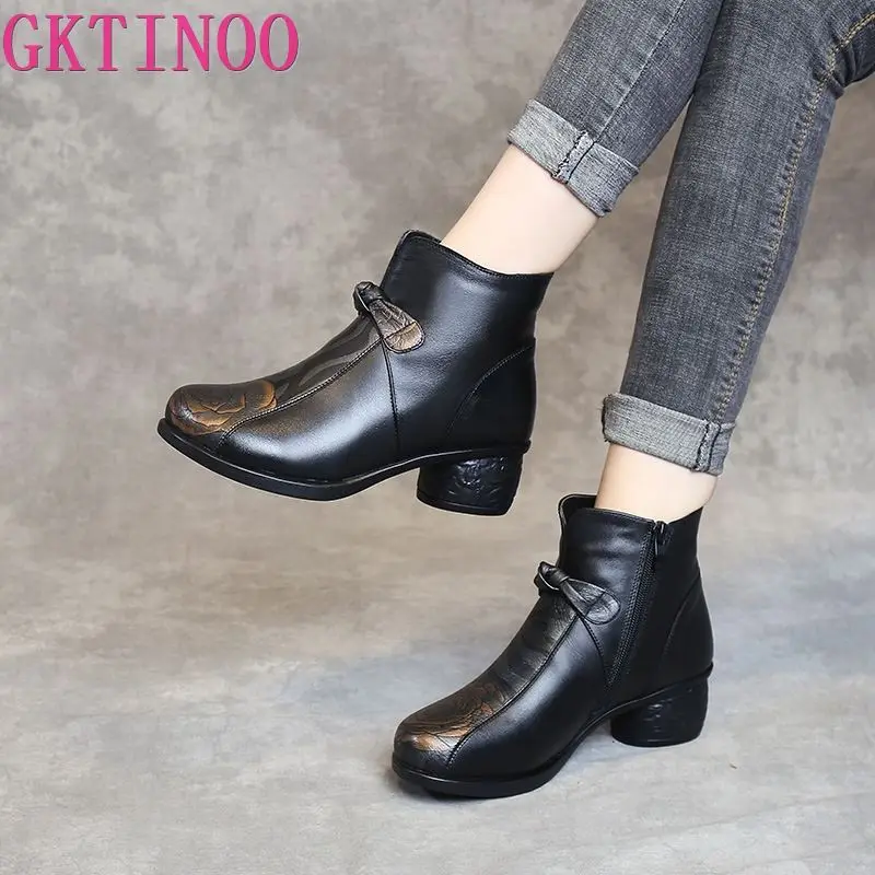 Женские ботинки из натуральной кожи GKTINOO ботильоны на толстом каблуке теплая