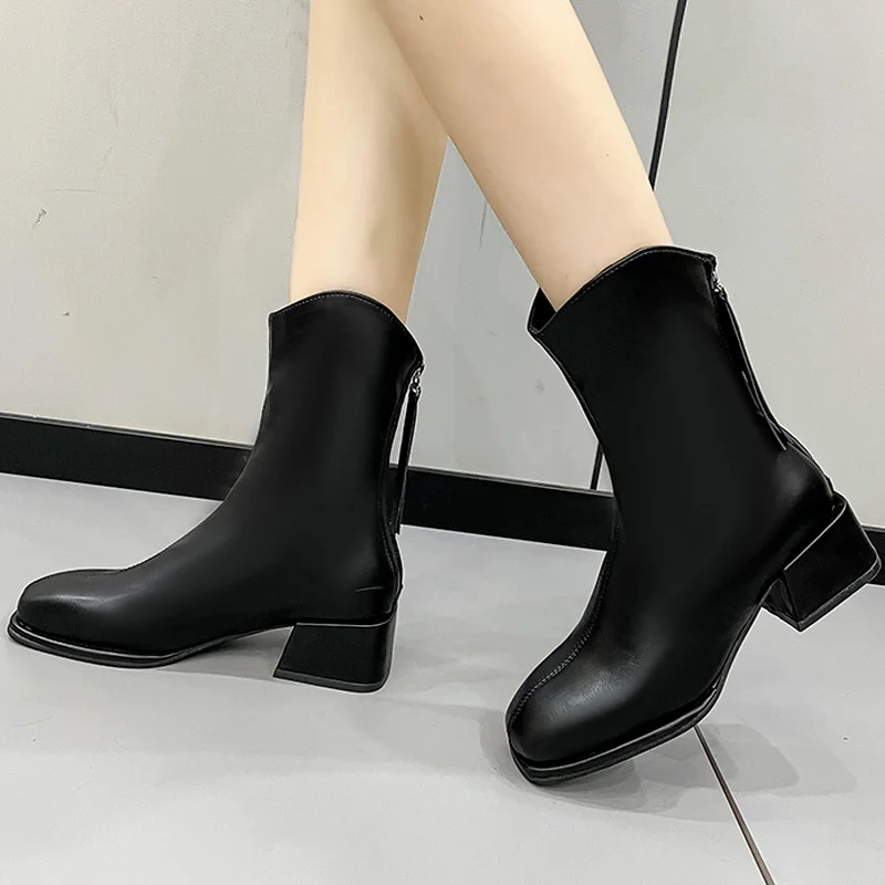 

Square Head Mid Calf Back Zipper Square Heel Women's Casual Boots 2022 Winter New Fashion Platform Low Heel Women's Ankle Boots