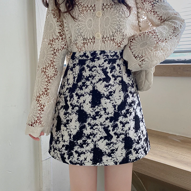 

2020 autumn winter retro ink printing fashion A-line skirt high waist slimming short skirt street all-match female skirt #6109