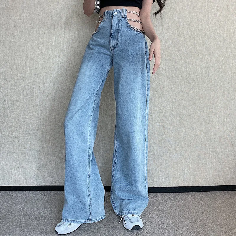 

Streetwear Side Cross Chain Hollow Out Wide-leg Women's Jeans High Waist Pants Sexy Elegant Ladies Europe Fashion Jeans Woman