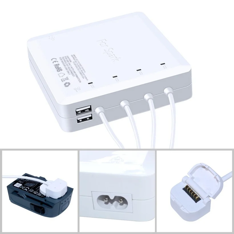 

6-in-1 Smart Charging Hub with 2 USB Ports for DJI Spark Drone Battery and Remote Controller