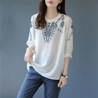large size 2021 summer new korean loose heavy industry embroidered round neck half sleeve top stitched five sleeves