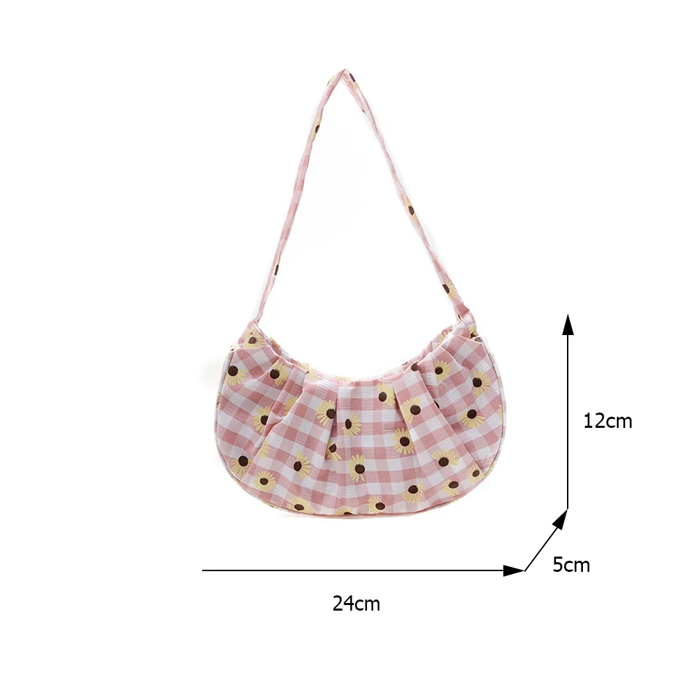 

Fashion Women Plaid Daisy Printing Shoulder Bags Pleated Canvas Underarm Hobos Bag Casual All-matchLadies Small Handbags Purses