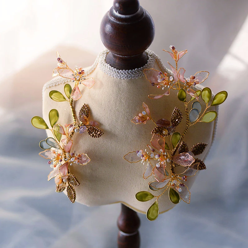 

2 Pcs Flower Gold Bridal Hair Pins Green Leaf Comb Jewelry Wedding Party Headbands Bride Vintage Hairwear Jewelry Accessories