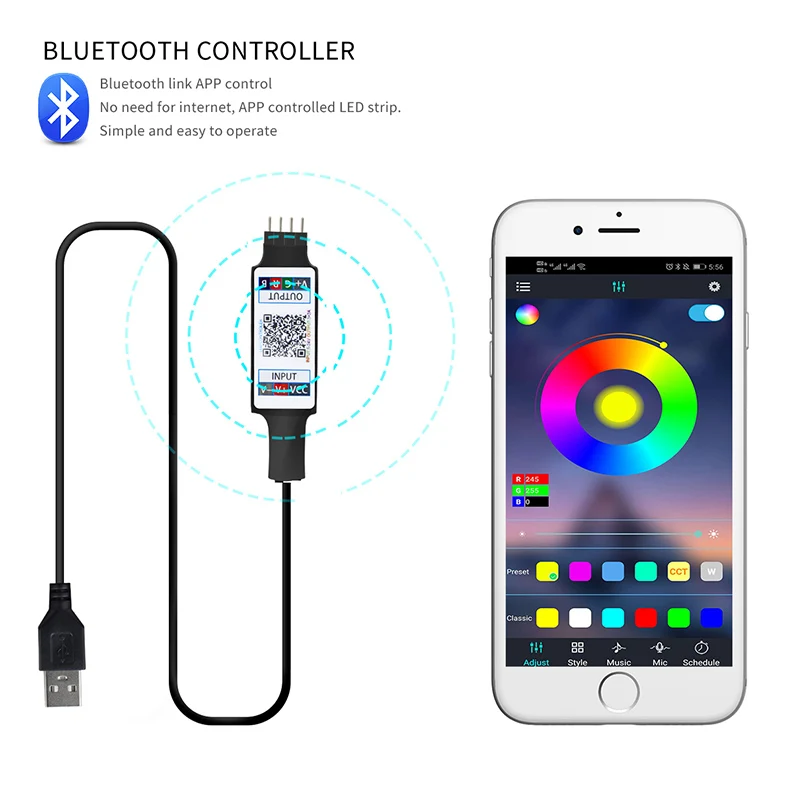 1M 5V USB Bluetooth Controller 4pin 5050 2835 RGB LED Strip Light 4 Pin Connector Phone APP Contrl Tape TV Backlight Decor | Освещение