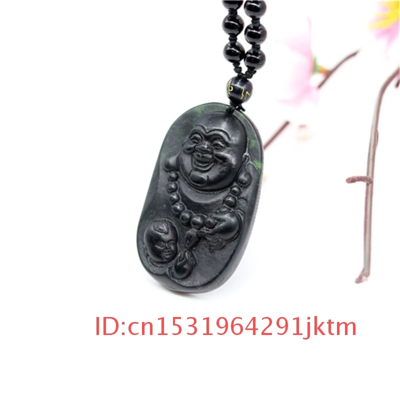 

Natural Jade Maitreya Necklace Buddha Pendant Chinese Jewelry Hand-Carved Amulet Charm Gifts Men Accessories Obsidian Black for
