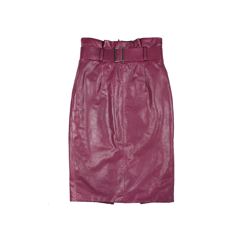 Womens Genuine Leather Skirt High Waist Office Ladies Elegant Designs Work Formal Skirts Female Slim Bodycon Pencil Skirts Belts