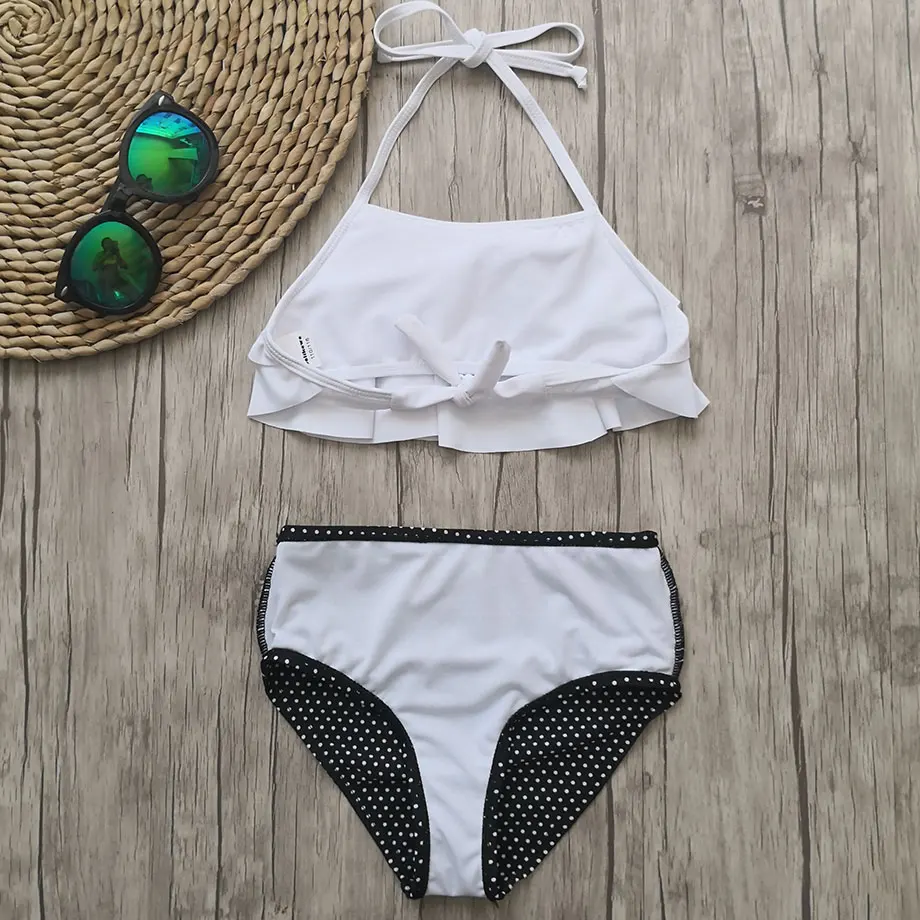 Комплект бикини с завышенной талией для девочек купальный костюм в горошек