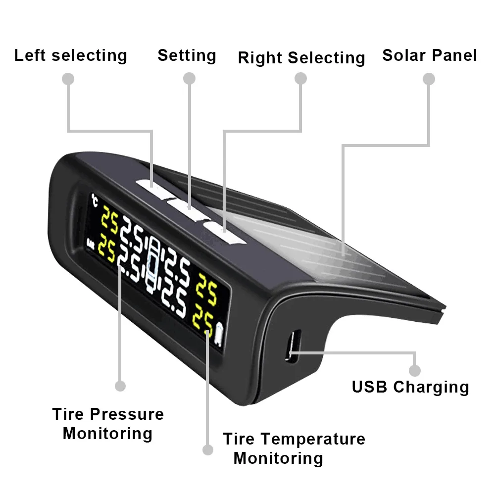 Universal TPMS Wireless Tire Pressure Monitoring System Solar Power Color LCD Display with Air Leakage Warning High Temp Alarm | Автомобили