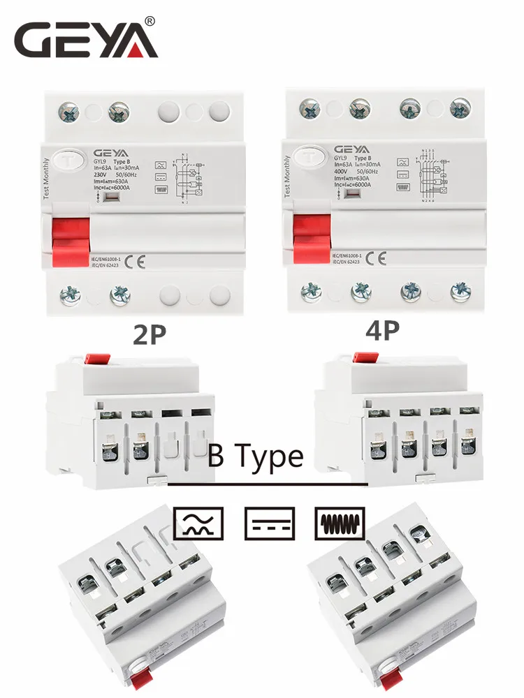 Выключатель тока утечки GEYA Din Rail постоянный ток RCCB RCD 4P 63a 30 мА 300 Тип B 10
