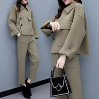 womens woolen jacket set pants suit new fashion autumn winter clothes casual work wear office ladies wool coat trousers