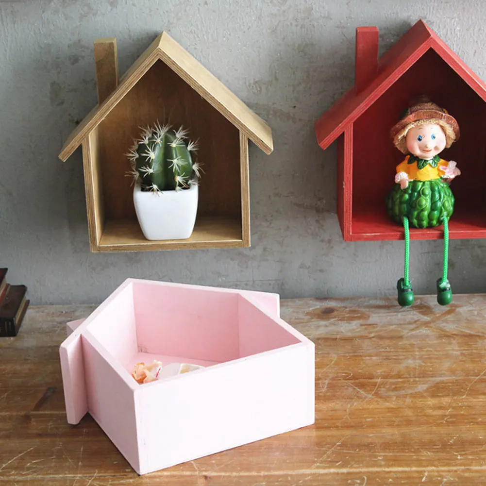 Настенная полка деревянный дом Форма подвесной стеллаж для хранения корзина