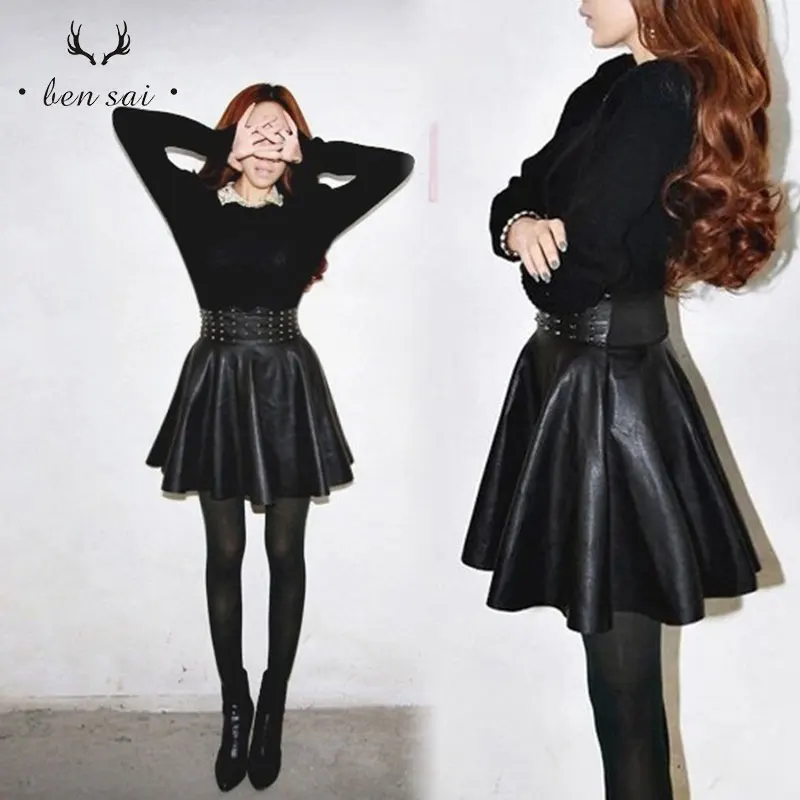 Женские плиссированные юбки из искусственной кожи черные повседневные короткие