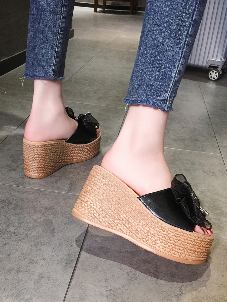 

Fashion Outer Wear Ladies Slippers Summer New Styles Sweet Bow-Knot Thick-Soled Slope-Heeled Super High-Heel Slippers