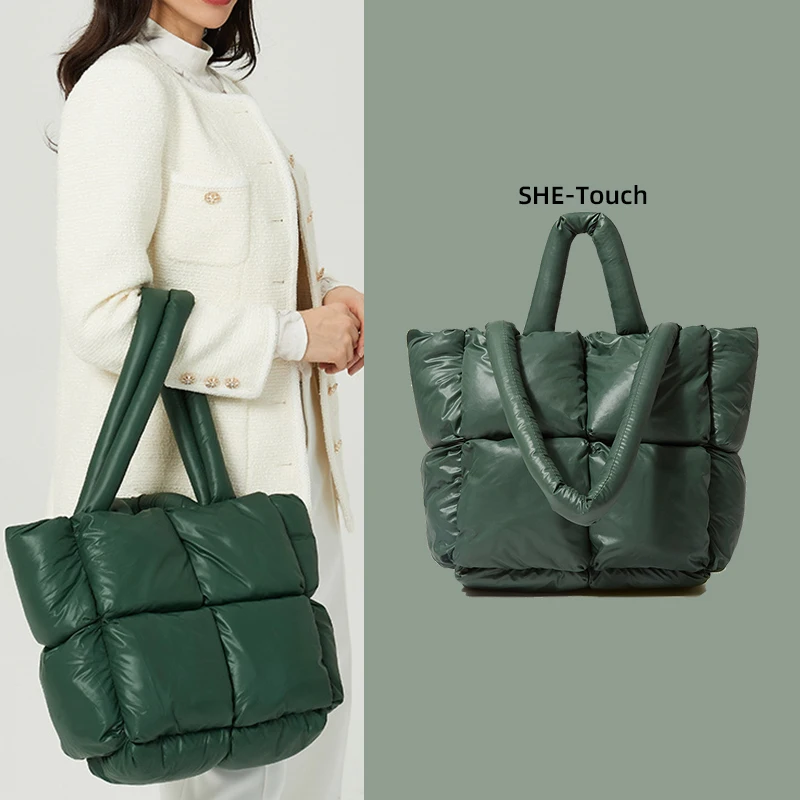 

Winter Shoulder Bag Women Vintage Square Bags Zipper Girls Student Bookbag Handbags Casual Nylon Quilted Tote Quilted Bag