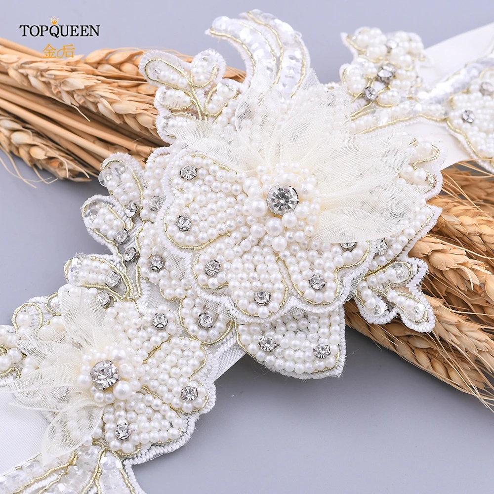 Ремень TOPQUEEN S428 с бусинами свадебный пояс жемчугом и кристаллами для свадебного