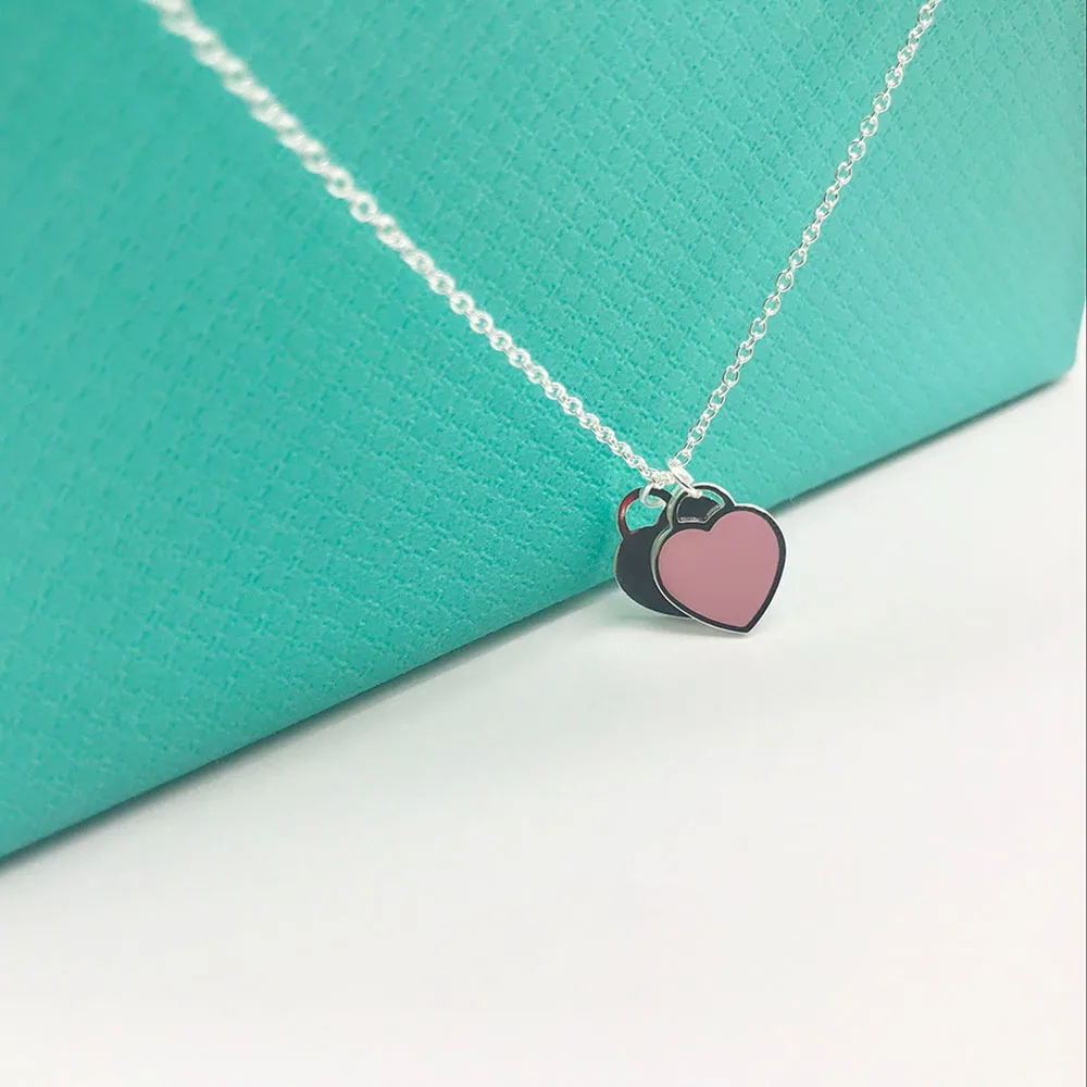 

Tif classic s925 necklace female fashion blue double heart pendant necklace for girlfriend party gift