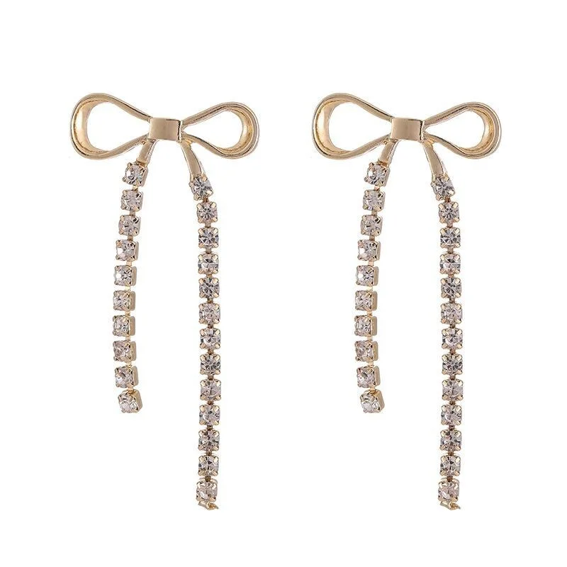 

Korean Cute Bowknot Crysta Clip on Earring for Women Long Tassel Rhinestone Non Pierced Earrings Statement Earrings Jewelry
