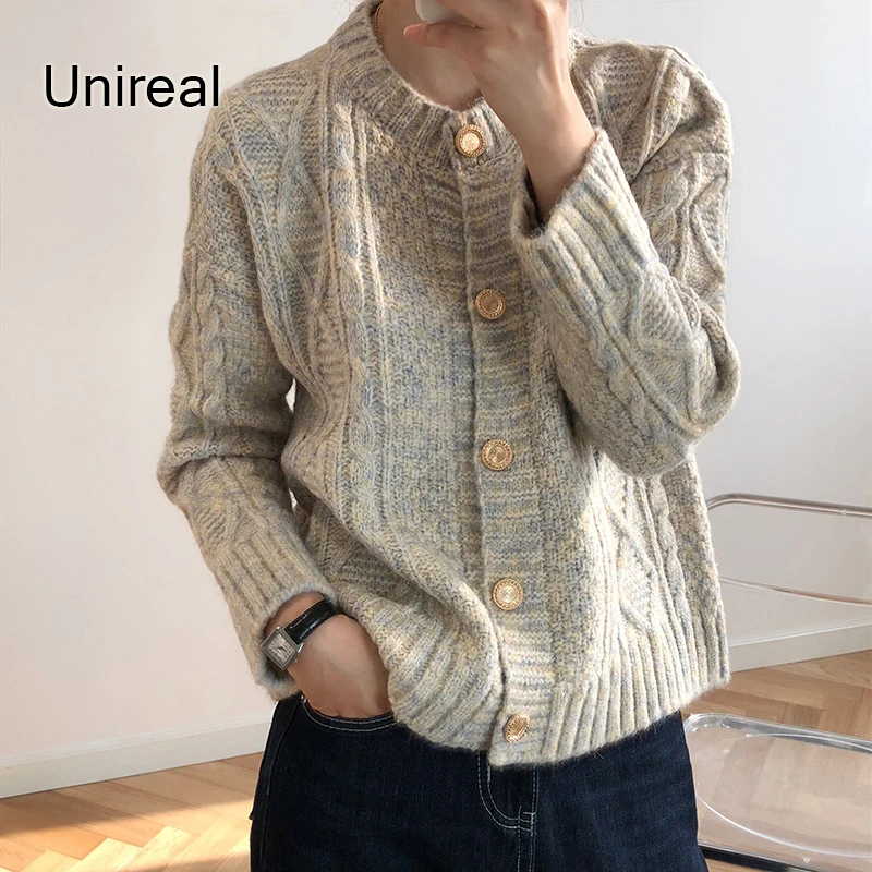 

Unireal 2020 Autumn Winter Women Knitted Cardigan Vintage Warm Thick Sweater Cardigan