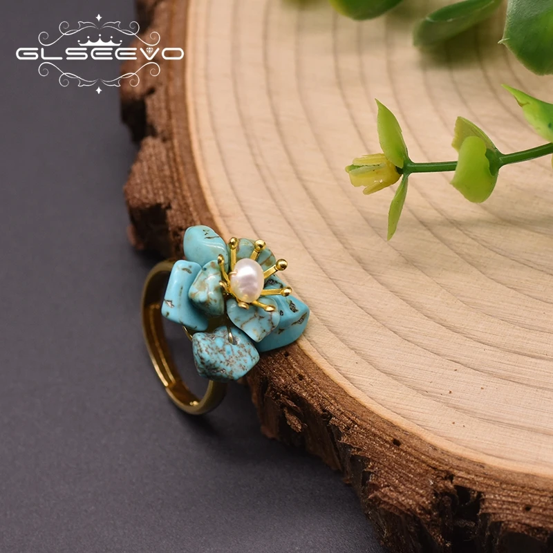 

GLSEEVO Original Turquoise Ring For Women 925 Silver Plated With 18k Gold Natural Freshwater Pearl Flower Shape Jewelry GR0268