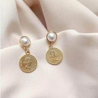 yaologe european american retro portrait gold coin short drop earrings latest fashion pearl earrings womens 2020 jewelry gifts