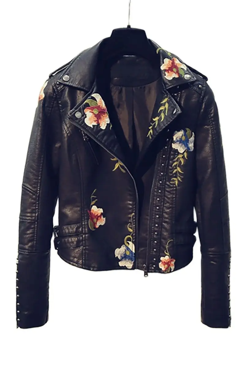 

Korean slim versatile black rivet embroidery washing motorcycle jacket women long sleeve leather coat women's short Pu jacket