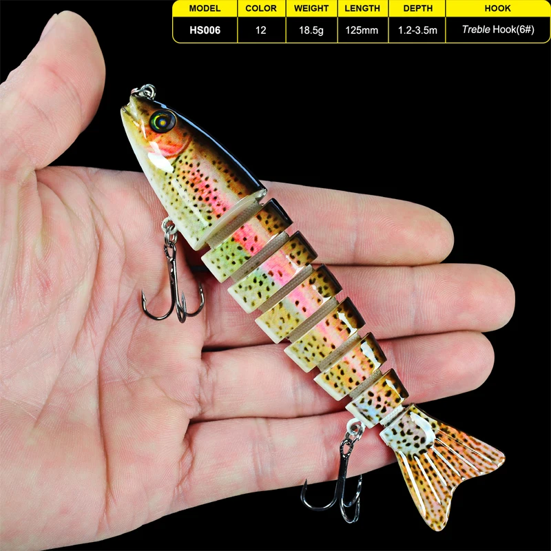 

1pc 8 Sections Fishing Lure 12.5cm-5"/0.661oz-18.74g Swimbait Fishing bait 6# Black Hook Fishing Tackle